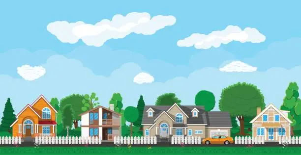 Vector illustration of Private suburban houses with car