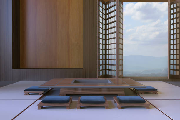 Simple Modern Japanese living room and Tabletop Seats Minimal Simple Modern Japanese living room and Tabletop Seats Minimal / Contemporary Art japanese living room interior in traditional and minimal design stock pictures, royalty-free photos & images