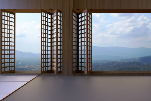 Simple Modern Japanese living room Clean window and views Simple Modern Japanese living room Clean window and views of mountains and sky japanese living room interior in traditional and minimal design stock pictures, royalty-free photos & images