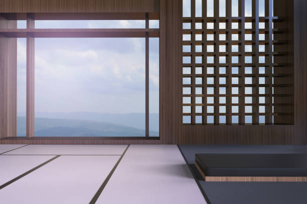 Simple Modern Japanese living room and window views of mountains Simple Modern Japanese living room and window views of the mountains and the sky japanese living room interior in traditional and minimal design stock pictures, royalty-free photos & images
