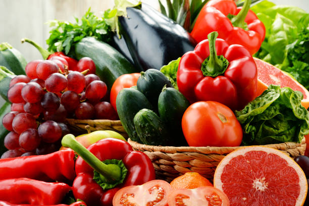 istock Composition with variety of fresh vegetables and fruits 642592910