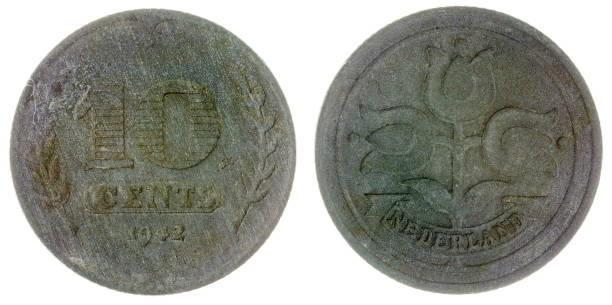 10 cents 1942 coin isolated on white background, Netherlands