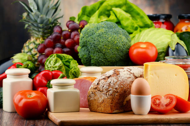 istock Organic food including vegetables fruit bread dairy and meat 642595780