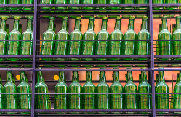 istock Row of empty green bottles 642596002