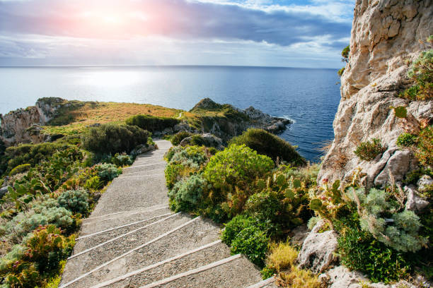 Sea and Cape Milazzo. Italy. Sea and Cape Milazzo. Italy. Beautiful spring landscape headland stock pictures, royalty-free photos & images