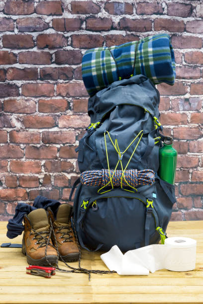 istock Hiking equipment, rucksack, boots and backpack. 642598596