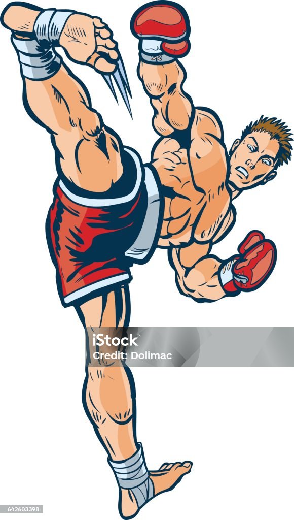 Kickboxer Executing High Side Kick Vector Illustration Vector cartoon clip art illustration of a kickboxer executing a high side kick toward the viewer. Muay Thai stock vector