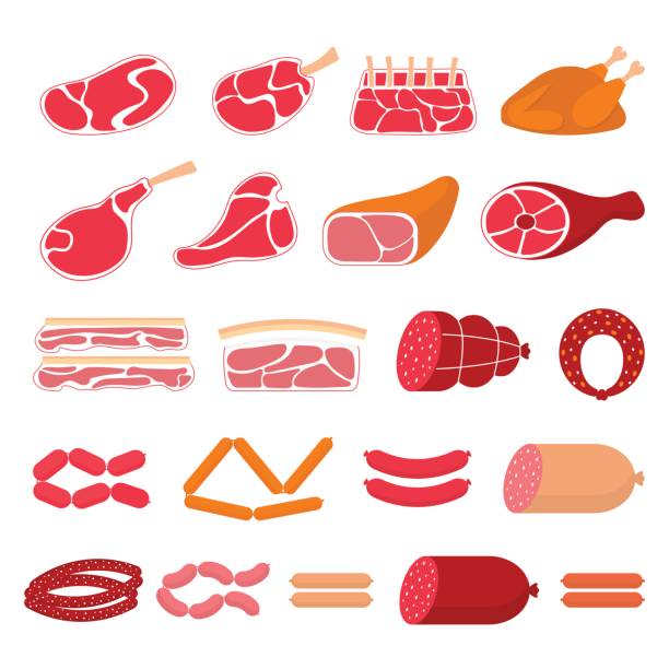 육류 제품의 벡터 평면 그림 - butchers shop butcher meat delicatessen stock illustrations