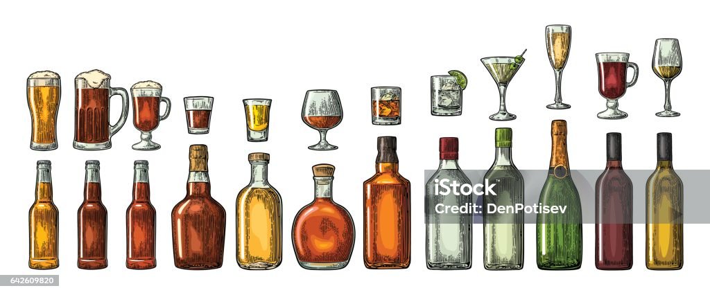 Set verre et bouteille de bière, whisky, vin, gin, rhum, tequila, cognac, champagne, cocktail, grog. - clipart vectoriel de Alcool libre de droits