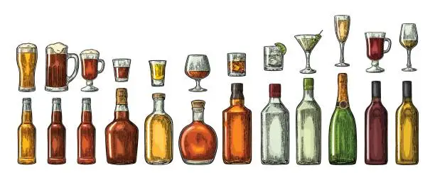 Vector illustration of Set glass and bottle beer, whiskey, wine, gin, rum, tequila, cognac, champagne, cocktail, grog.