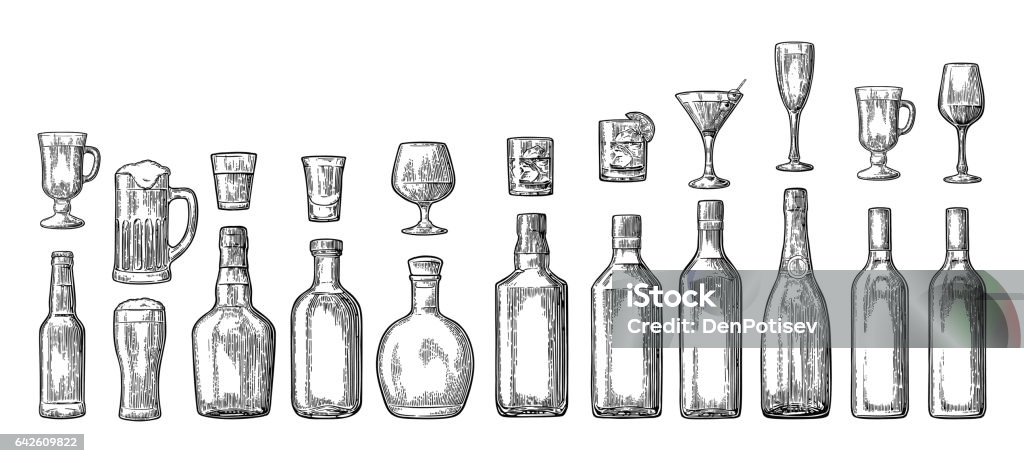 Set glass and bottle beer, whiskey, wine, gin, rum, tequila, champagne, cocktail Set glass and bottle beer, whiskey, wine, gin, rum, tequila, cognac, champagne, cocktail, grog. Vector engraved black vintage illustration isolated on white background Bottle stock vector