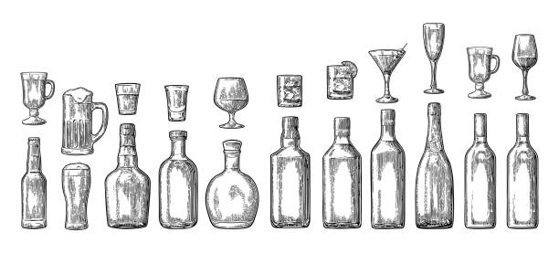 Set glass and bottle beer, whiskey, wine, gin, rum, tequila, champagne, cocktail Set glass and bottle beer, whiskey, wine, gin, rum, tequila, cognac, champagne, cocktail, grog. Vector engraved black vintage illustration isolated on white background beer bottle illustrations stock illustrations