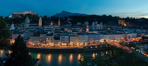 Panorama view of salzburg on evening view from the mönchsberg.