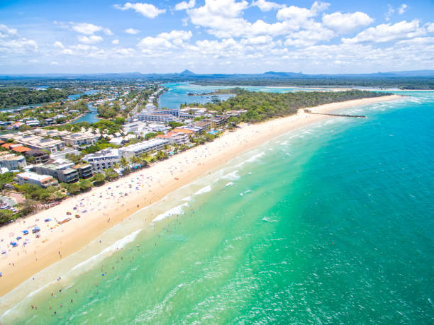 An aerial view of Noosa Heads Noosa on the Sunshine Coast in Queensland from an aerial perspecive rocky coastline stock pictures, royalty-free photos & images