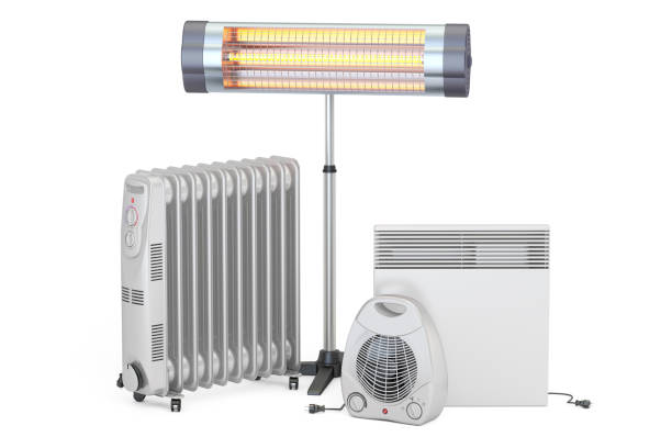 istock Heating devices. Convection, fan, oil-filled and infrared heaters, 3D rendering isolated on white background 642631278