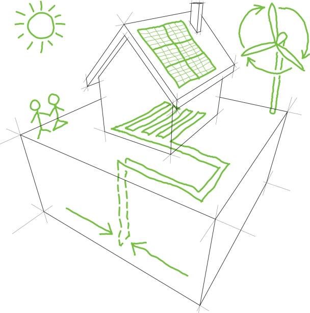 alternative energie-skizzen - wärmepumpe stock-grafiken, -clipart, -cartoons und -symbole