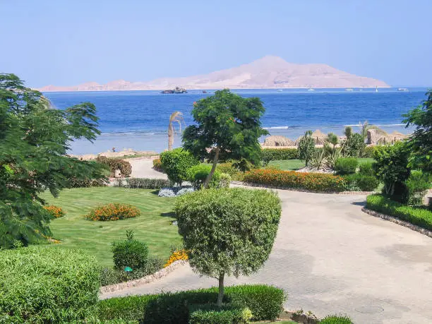 Red Sea in Egypt with blue water and beach garden