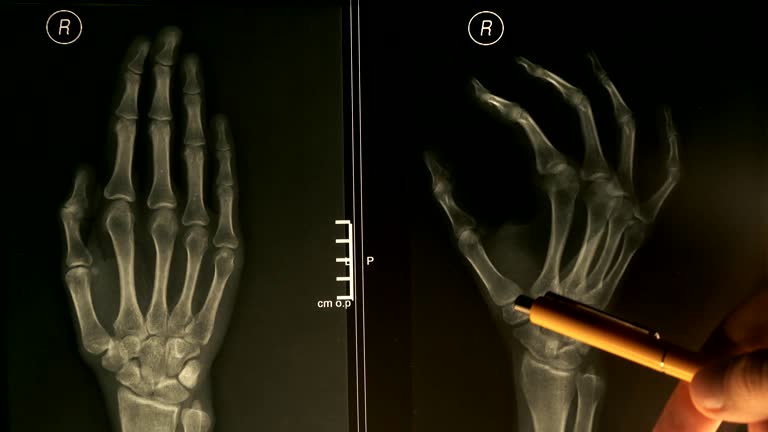 Doctor explains xray image of a hand to a patient, warm colors. FullHD close-up video