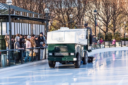 Ice rink cleaned by machine leveler resurfacer to skate in National Gallery of Art Sculpture garden