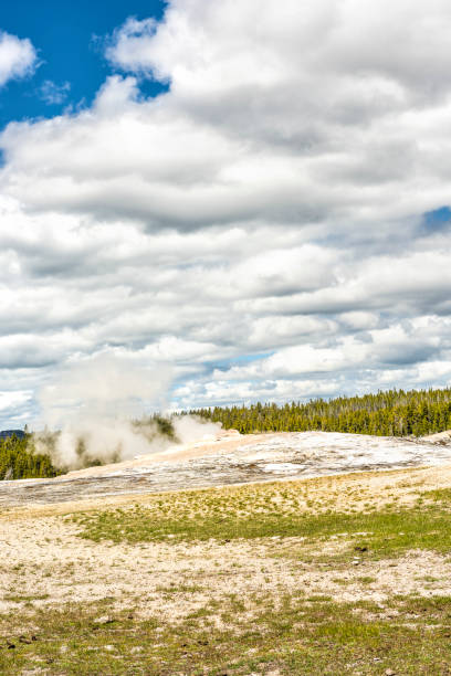 old faithful geyser, esperando para entrar em erupção no parque nacional de yellowstone - reliability old old faithful famous place - fotografias e filmes do acervo