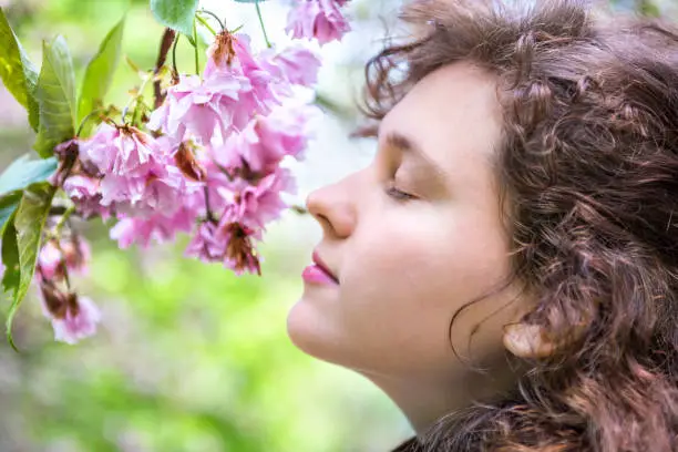 Side profile of young woman smelling cherry blossoms