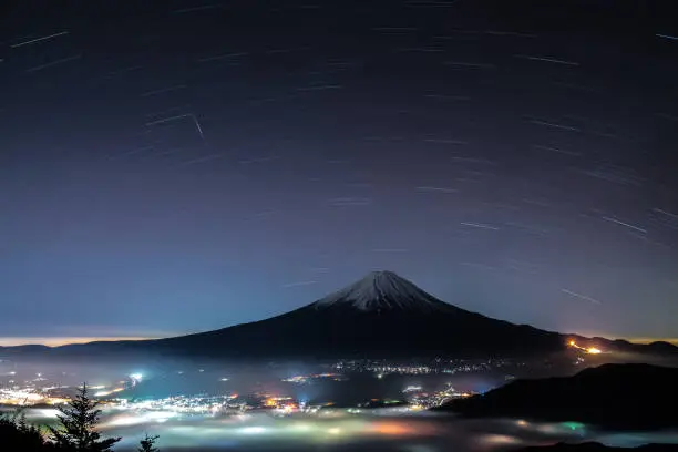 Mt.Fuji and starry sky at Shinmichi-mountainpass,Yamanashi,tourism of Japan