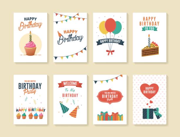 ilustrações, clipart, desenhos animados e ícones de conjunto de felicitação de aniversário e convites - birthday wishes