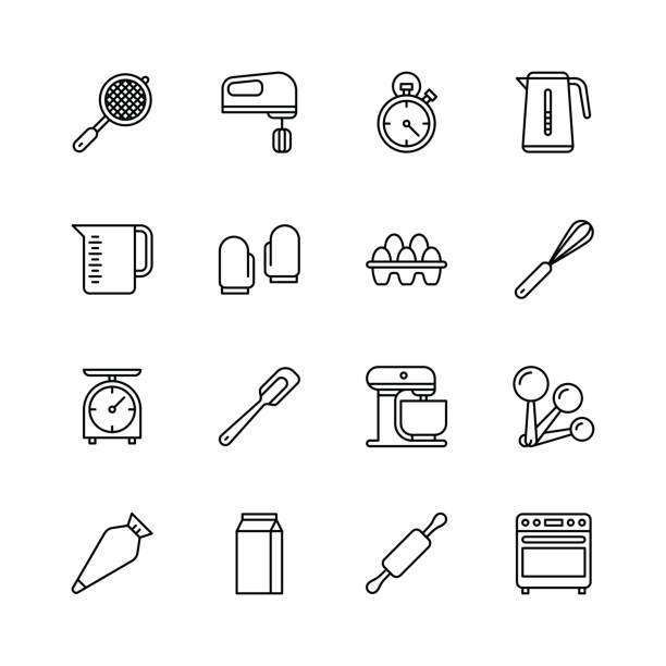 ilustraciones, imágenes clip art, dibujos animados e iconos de stock de iconos de equipos de panadería - línea - wire whisk symbol computer icon spatula