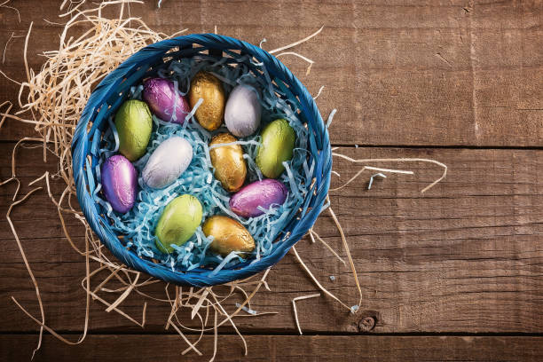 Chocolate Easter eggs in Easter themed basket stock photo