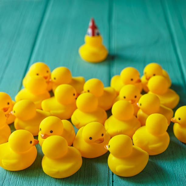 istock Rubber ducks sitting talking in a group whilst a single duck with a Union Jack hat on breaks away from the group. 642705584