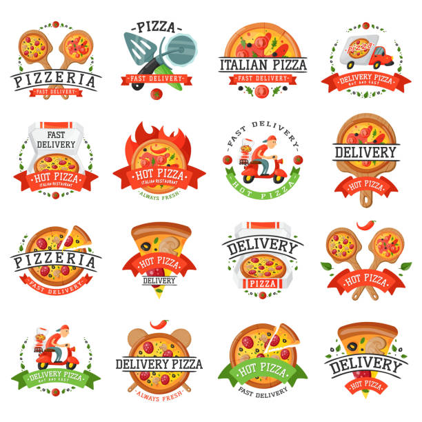 Delivery pizza badge vector illustration Delivery pizza badge vector illustration. Food and drink elements typographic design label or sticker bakery. Cooking cafe menu symbol with traditional lunch delicious. pizzeria stock illustrations