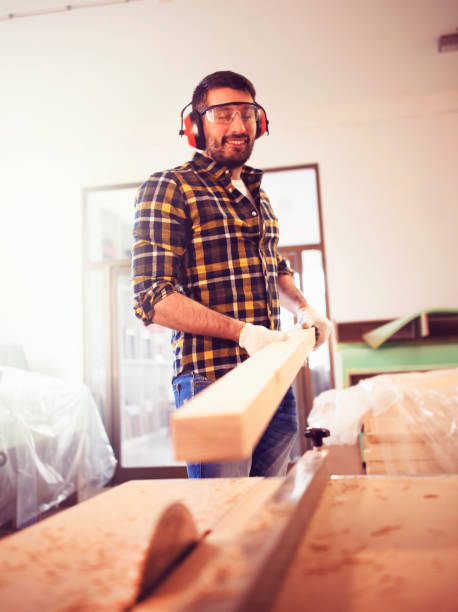 istock Carpenter cutting wooden plank 642716012