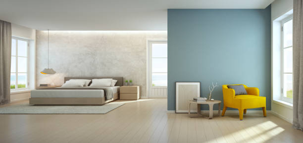 바다 전망 침실과 거실 럭셔리 비치 하우스, 별장의 현대적인 인테리어에 - chair coffee table curtain floor 뉴스 사진 이미지