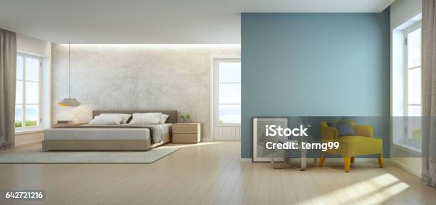 Sea View Bedroom And Living Room In Luxury Beach House Modern Interior Of Vacation Home Stock Photo - Download Image Now