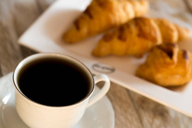 istock Croissants with coffee on the wooden table 642723994