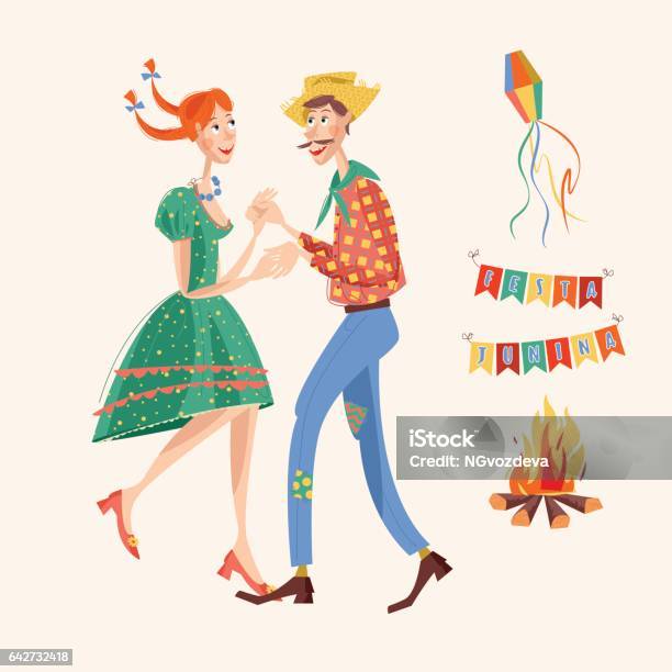 Brazilian Holiday Festa Junina Couple Dancing Traditional Dance Stock Illustration - Download Image Now