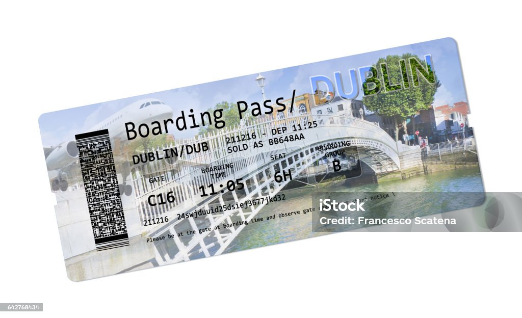 Airline boarding pass tickets to Dublin - concept image Airline boarding pass tickets to Dublin - The most famous bridge in Dublin called "Half penny bridge" on background Airplane Stock Photo