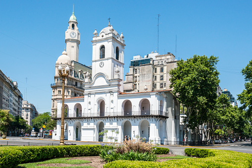 Buenos Aires, Argentina - Jan 14, 2024: The neoclassical facade of Buenos Aires Cathedral in front of May Square