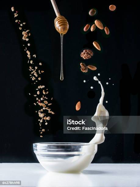 Flying Healthy Breakfast Ingredients Stock Photo - Download Image Now - Falling, Cereal Plant, Honey