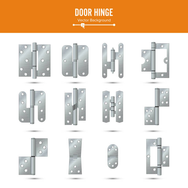 Door Hinge Vector. Set Classic And Industrial Ironmongery Isolated On White Background. Simple Entry Door Metal Hinge Icon. Stainless Steel. Stock Illustration Door Hinge Vector. Set Classic And Industrial Ironmongery Isolated On White Background. Simple Entry Door Metal Hinge Icon. Stainless Steel. Stock Illustration. hinge stock illustrations