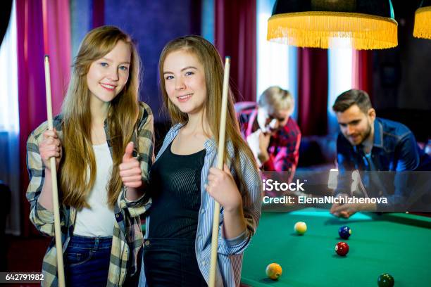 Friends Playing Billiard Stock Photo - Download Image Now - Adult, Adult Student, Aiming