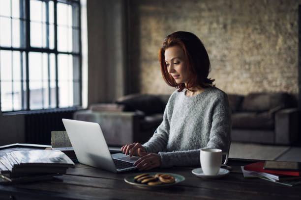 istock Young woman working in a loft apartment with a laptop computer 642795056