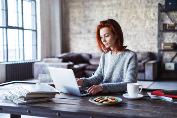 istock Young woman working in a loft apartment with a laptop computer 642795060