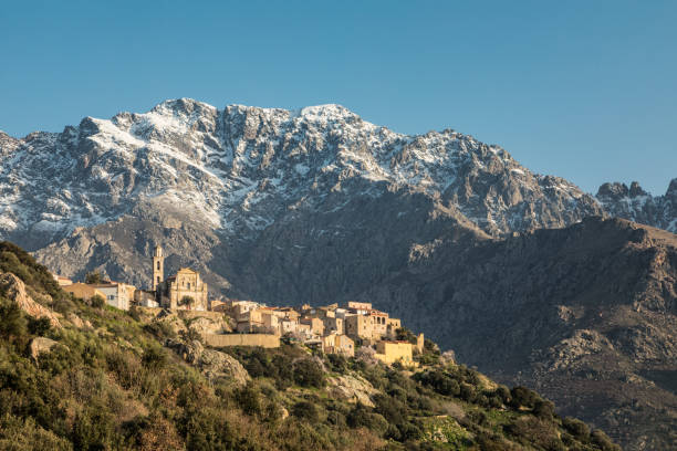 Village of Montemaggiore and Monte Grosso in Corsica stock photo