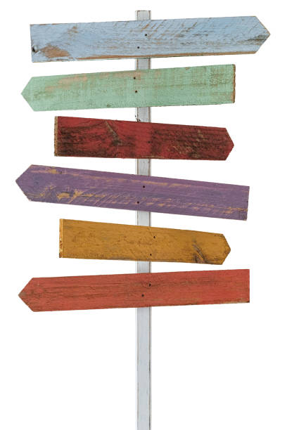 White wooden sign post with four signs, isolated on white, clipping path included. The four signboards provide interesting copy space and are st at interesting angles.