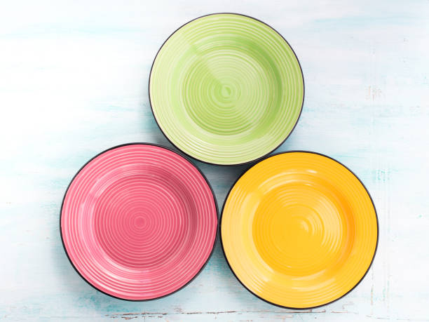 istock Pastel Color ceramic food plates top view background 642812714