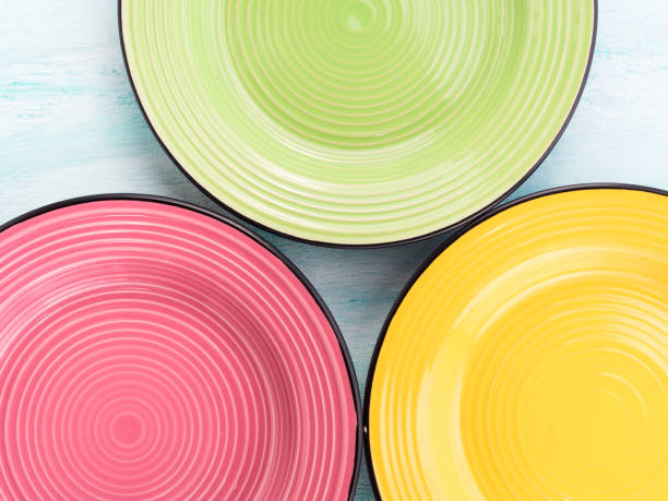 istock Pastel Color ceramic food plates top view background 642812796
