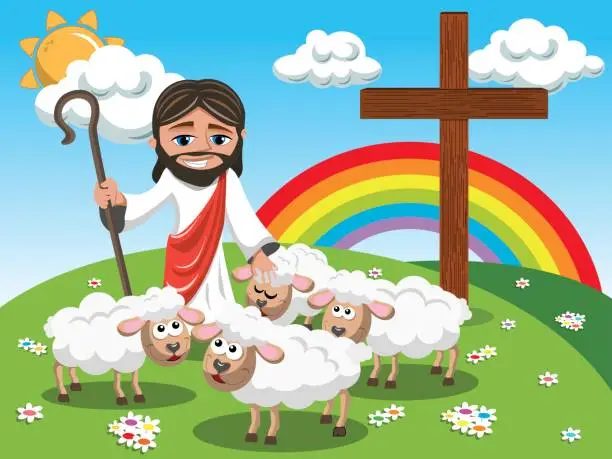 Vector illustration of Cartoon Jesus holding stick and stroking sheep in the meadow