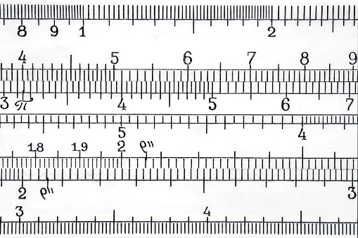 Logarithmic scale of the slide rule extremal close up. Mathematics and science abstract background