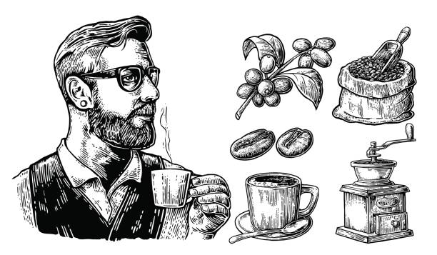 Hipster barista holding a cup of hot coffee Sack with coffee beans with wooden scoop and beans, cup, branch with leaf and berry. Hipster barista holding a cup of hot coffee. Sack with coffee beans with wooden scoop and beans, cup, branch with leaf and berry. Vintage vector engraving illustration. Isolated on white background. barista stock illustrations